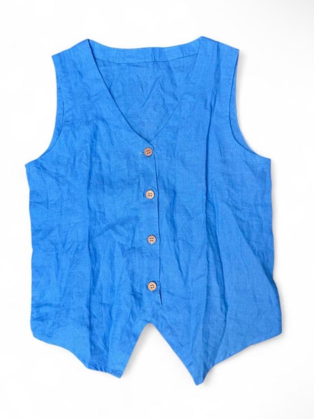 Blue linen blend vest wood buttons adjustable tie back coastal lagenlook resort